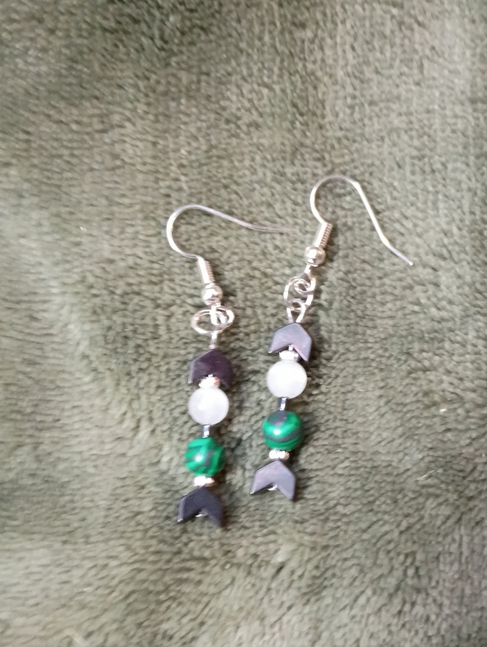Handcrafted Green Malachite, Opal and Hematite Beaded Dangle Earrings